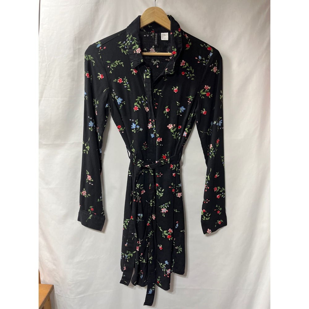 H&M Divided Womens Black Floral Shirt Dress Long Sleeve Tie Waist‎ Mini Size XS